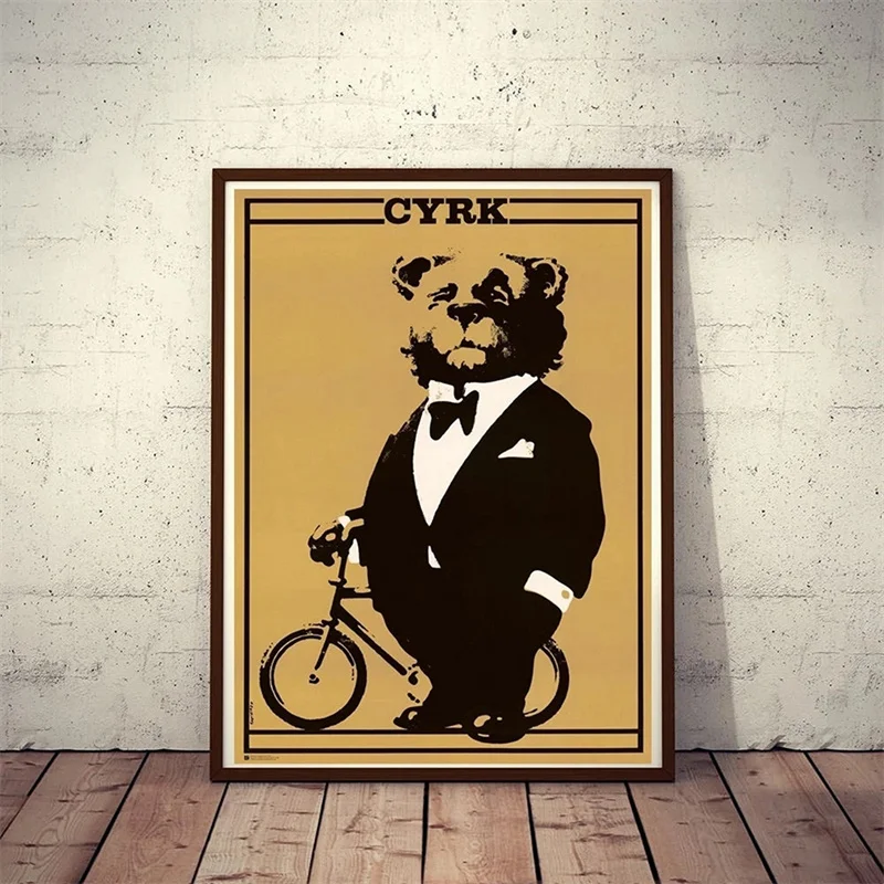 

Polish Circus Posters and Prints Gentleman Bear Pushing Bicycle Canvas Painting Vintage Wall Pictures for Living Room Home Decor