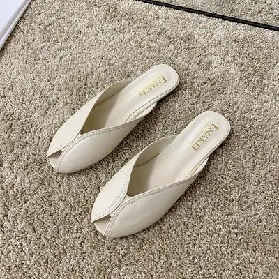 beige001 EOEODOIT шлепанцы на низком каблуке с круглым носком; летние модные стильные кожаные туфли; сандалии; универсальная нескользящая обувь без шнуровки - Цвет: beige001