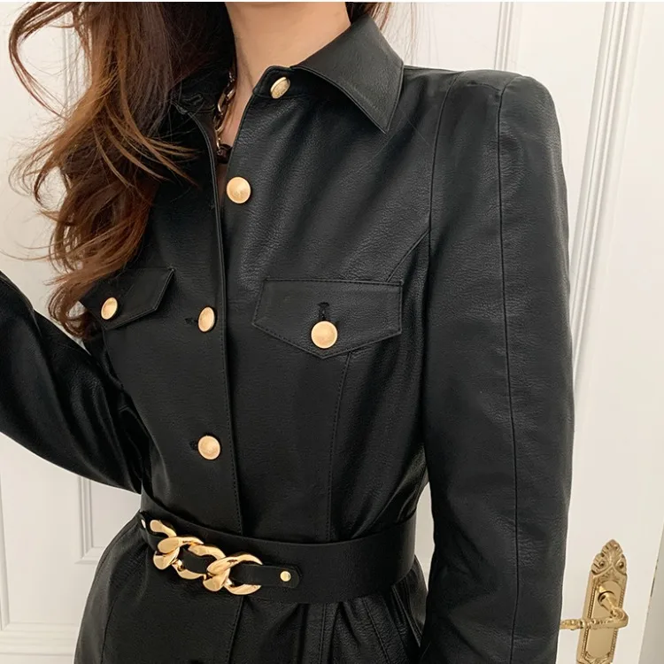 

Fashion PU Leather Dress Women Casual Pockets Button Dress Long Sleeve Turn Down Collar Office Lady Streetwear