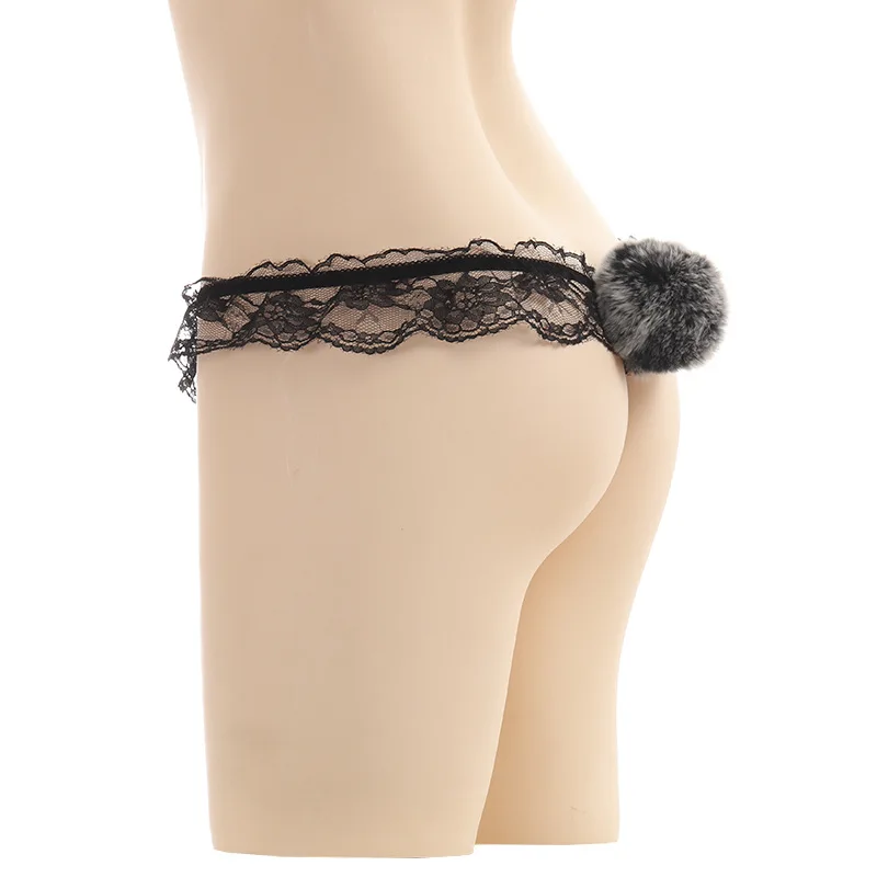 Women Sexy Sports Underwear Rabbit hair ball Tail underpants Lace Beads Panties Lingerie Animal Role Play Plush Tail Fetish Cost
