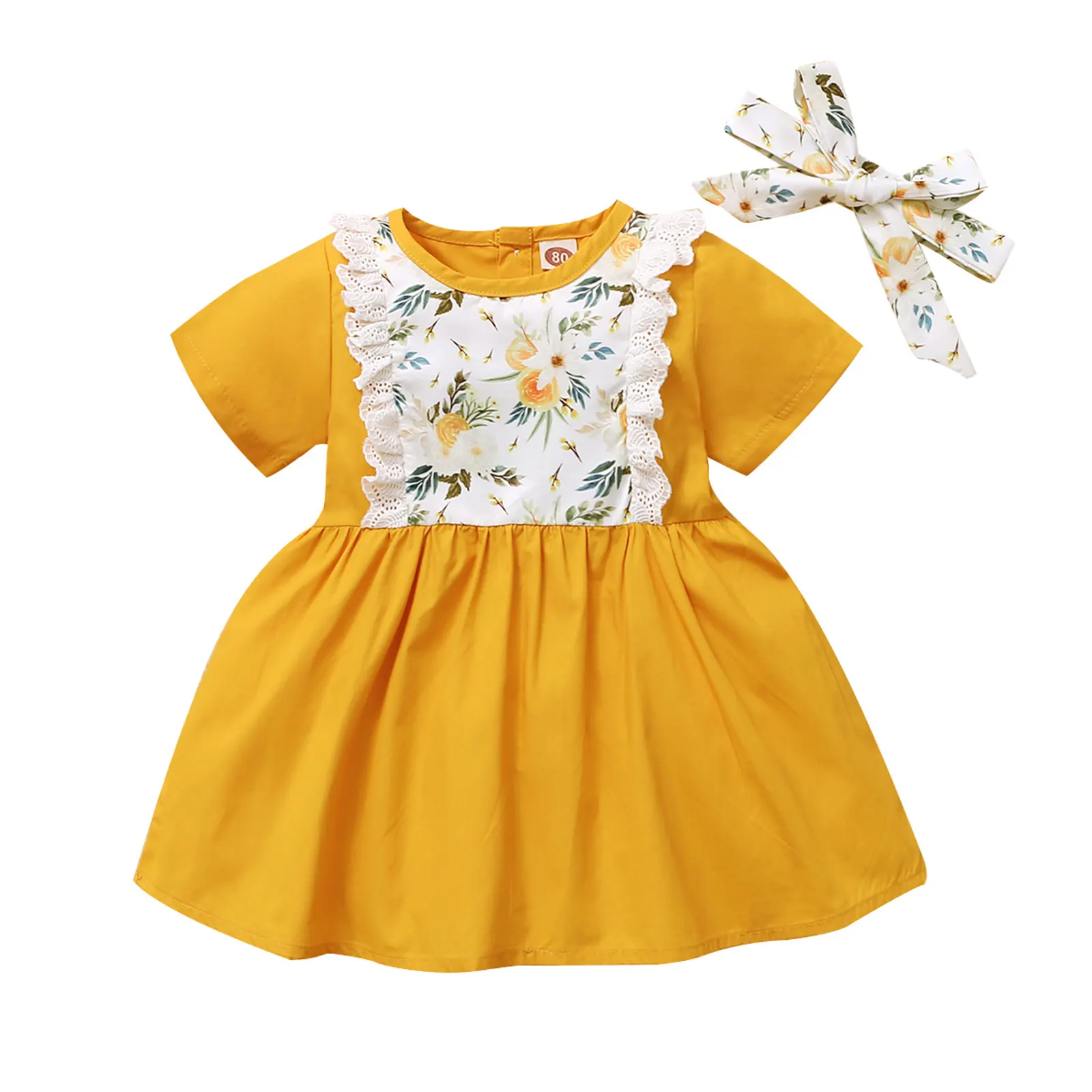 

Girl's Summer Dress Casual Short Sleeve Dress Fashion Flower Printed A-line Princess Dress With Headband Children's Clothing