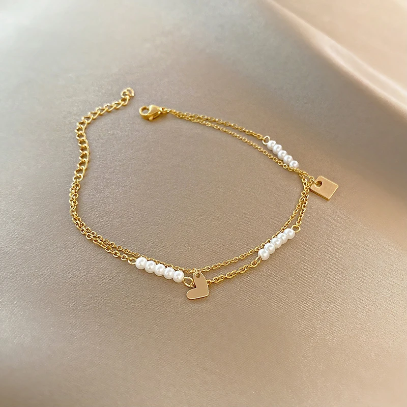 

South Korea Style Titanium Steel Pearl Double Layer Bracelets GIRL'S Gift Party Banquet WOMEN'S Jewelry Bracelets 2021