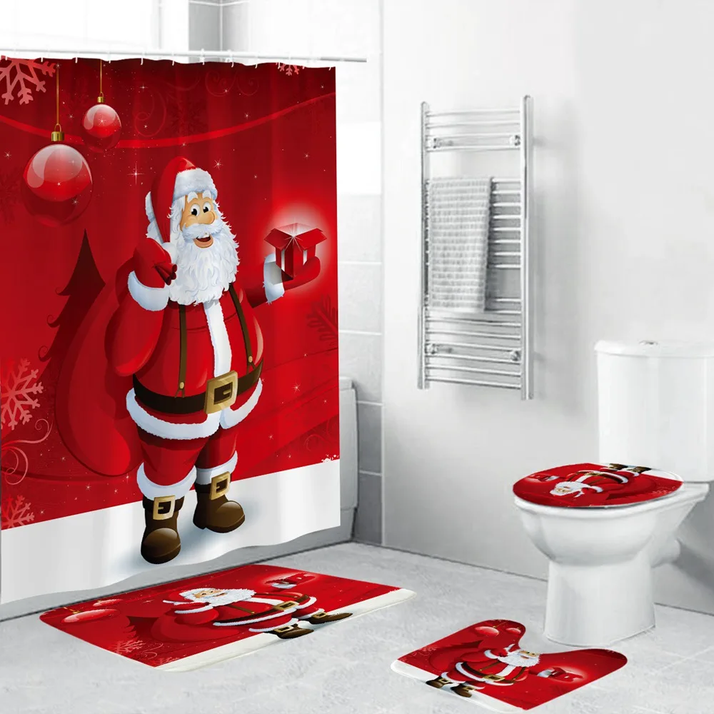 

Merry Christmas Bathroom Set Snowman Santa Claus Pattern Waterproof Shower Curtain Toilet Cover Mat Non Slip Rug Home Decor