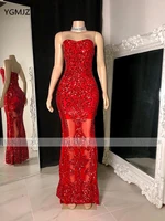 red sparkly sequin prom dresses 2021 mermaid floor length african women formal evening party gowns