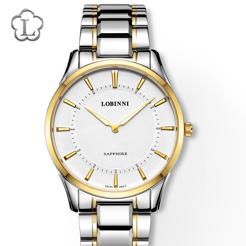 Gold-White Швейцарские наручные часы LOBINNI, мужские часы, Чайка, Япония, Citizen, кварцевые часы, сапфировые, синие, Роскошные, relogio masculino - Цвет: Gold-White
