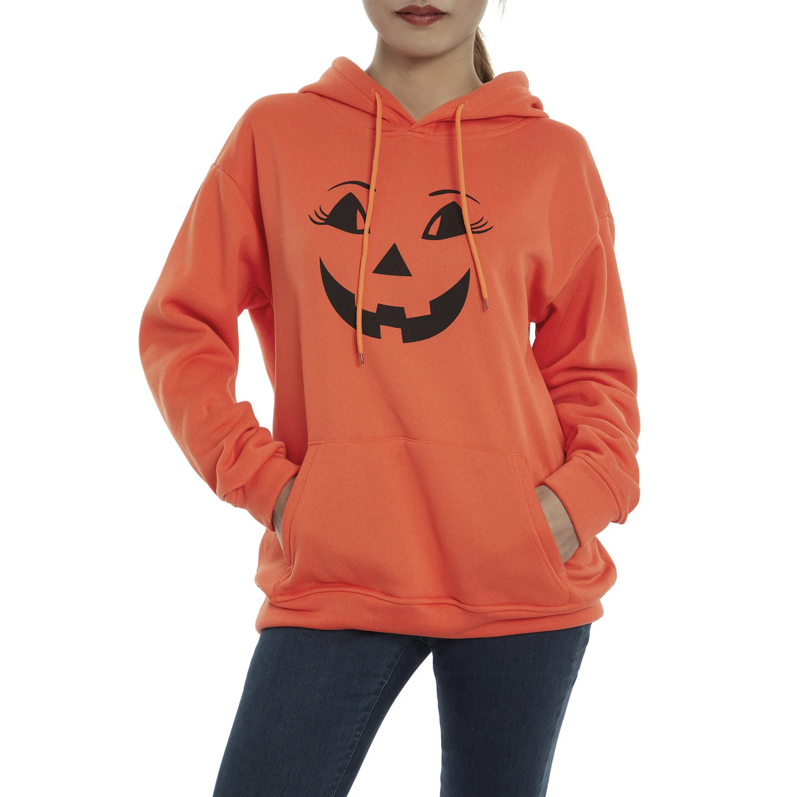 

Women Smiley Print Hooded Sweatshirt Loose Fit Long Sleeve Pullover with Front Pocket