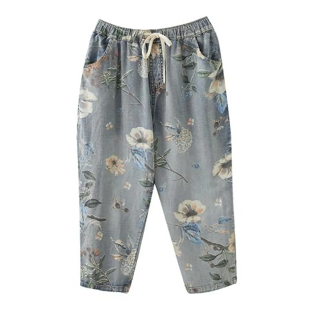 

Korean Fashion Baggy Jeans Woman Elastic Waist Loose Vintage Denim Harem Pants Printed Floral Capris Jean Pants For Women