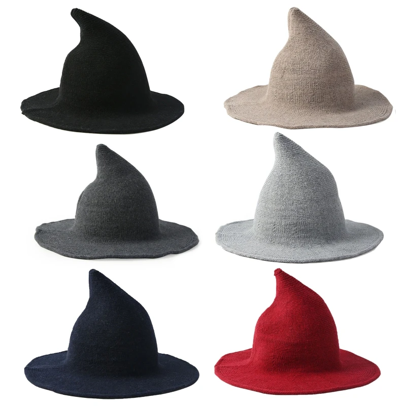 

Women Winter Warm Faux Wool Knitted Halloween Witch Hat Solid Color Wide Brim Cosplay Party Wizard Pointy Bucket Cap