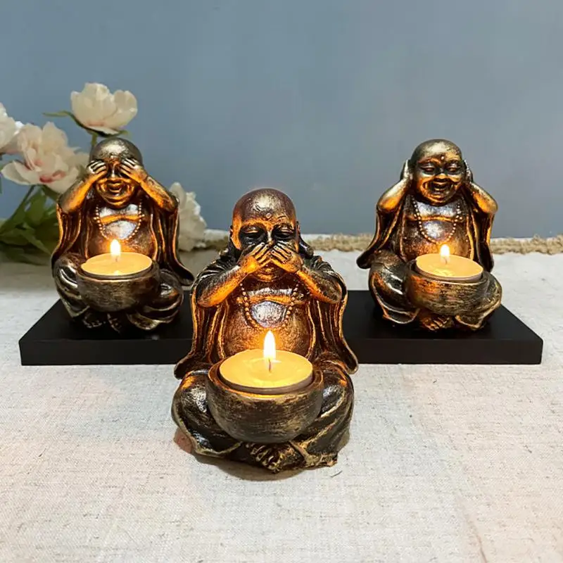 

Buddha Statue Decoration Candle Holder Don't See It, Don't Listen, Don't Talk Zen Maitreya Crafts Home Ornaments Decoration