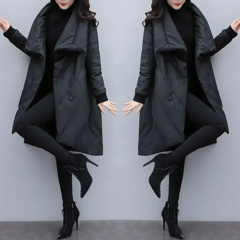 

Women PU Leather Parkas Turn Down Collar High Street Solid Black Coats Elegant Winter Thick Cotton Jackets Loose Outerwear
