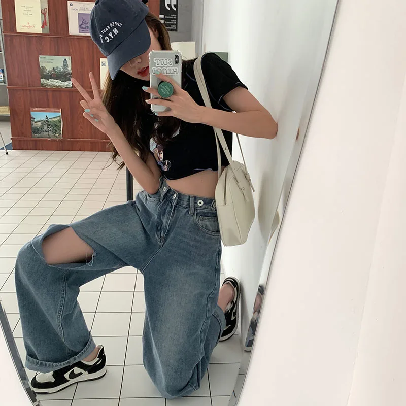 

S-XL summer korean ins style loose women long denim pants high adjustable waist Wide leg Ripped Denim jeans for womens (78657)