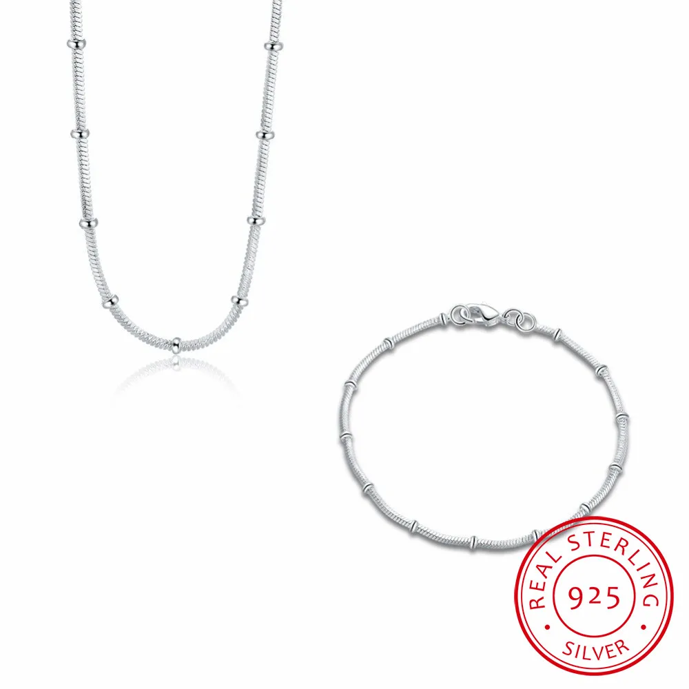

Femme 925 sterling silver Fine Jewlry, minimalism snake chain beads necklace Bracelet for women joyas de plata 925 jewelry Set