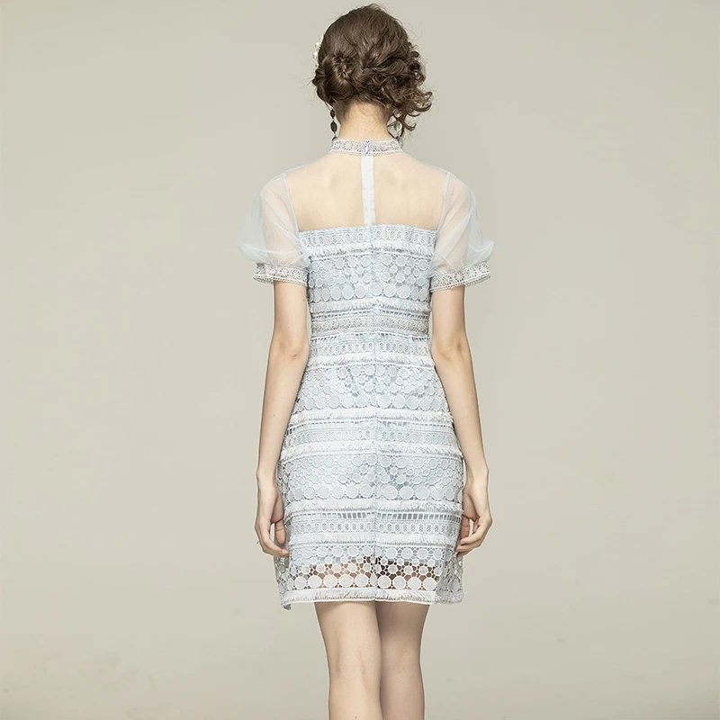 

2021 Spring Summer New Fashion Mesh Patchwork Mini Lantern Sleeve Women Lace Dress Vestidos Jurken