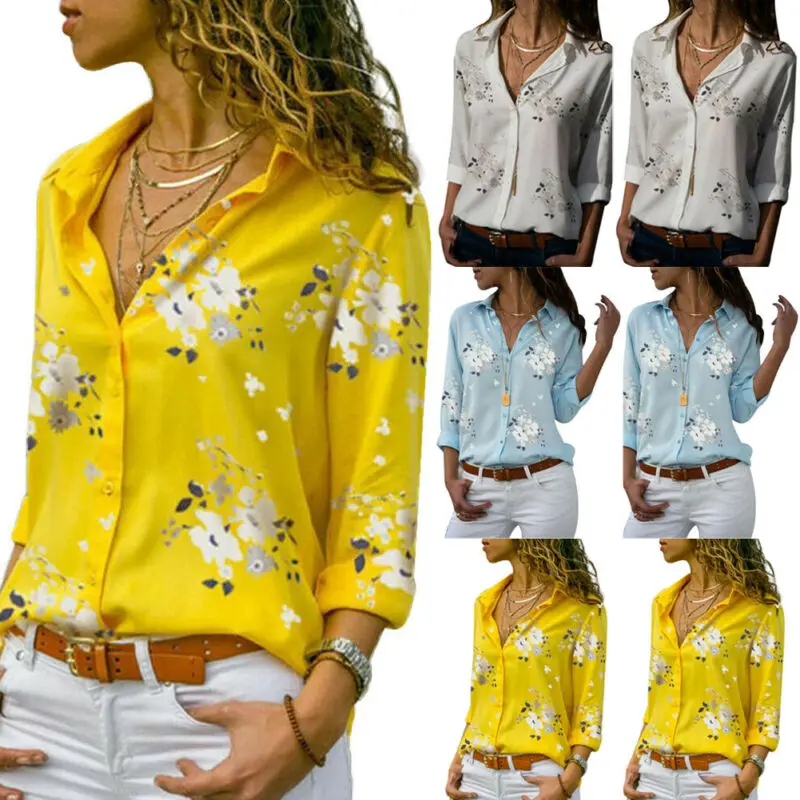 

Womens Blouse Long Sleeve Loose Tops Ladies V Neck Casual Office Work Shirt Plus Size