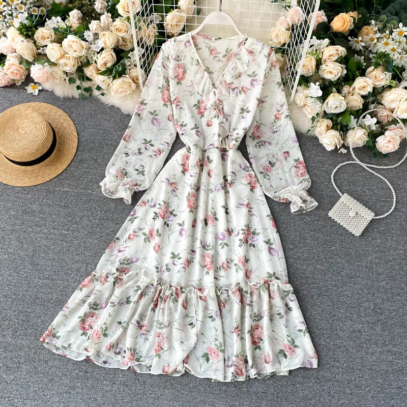 Женское платье с цветочным принтом SINGRAIN трапециевидной формы v-образным вырезом