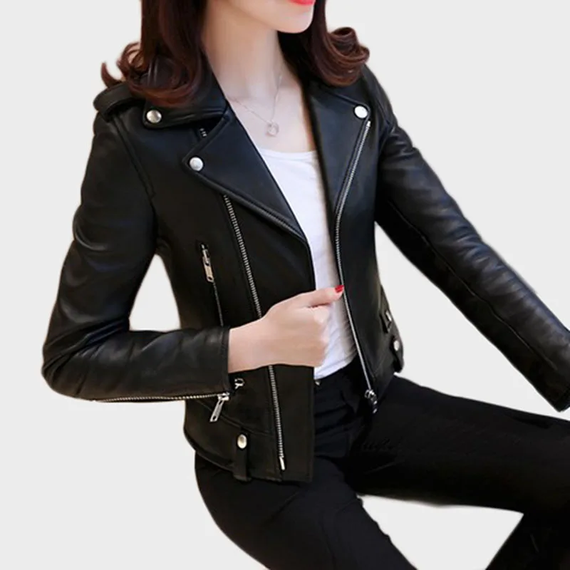 Top women clothing autumn leather jacket Women short coat Korean style NEW PU Black leather jackets Long sleeve suit collar 122