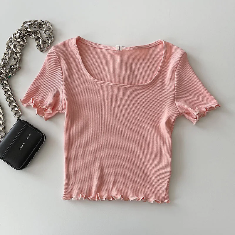 

Summer Tops Women's Clothing Slim Solid Color Tops Tshirts Ladies Cropped Tops O-Neck Short Sleeves Blouse Basic Pullover Women