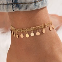 layered link chain round coin fringed charm ankle bracelets for women metal tassel foot chain girls charm anklet jewelry new