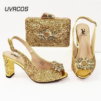 nigerian fashion new arrival italian design crystal amd appliques decoration style women shoes and bag set in golden color sweet