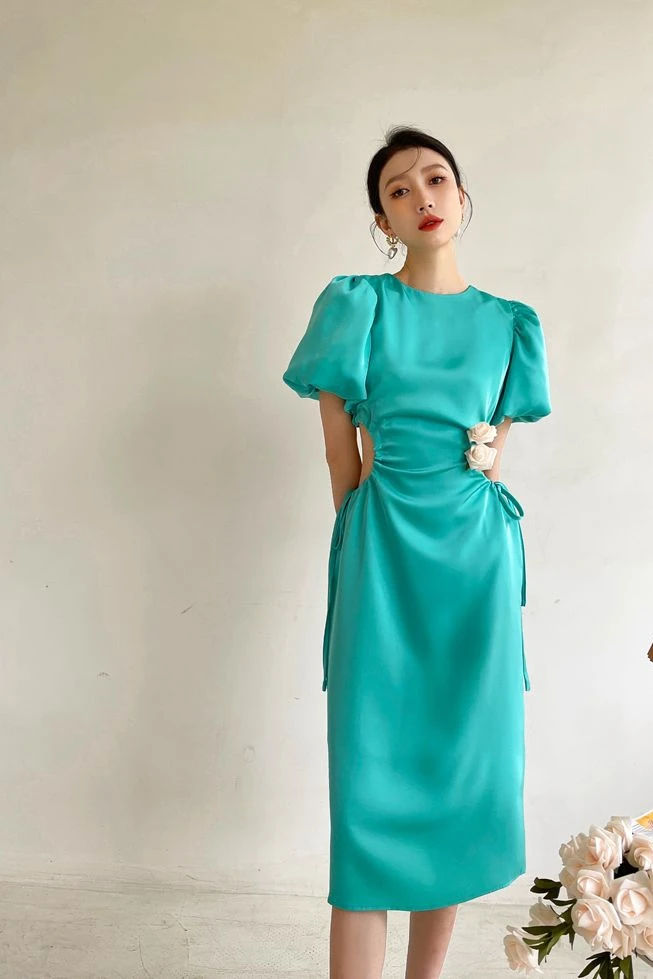 

ZCSMLL Show waist dress summer 2021 new high-level bubble sleeve retro sexy temperament design niche waist skirt vestido