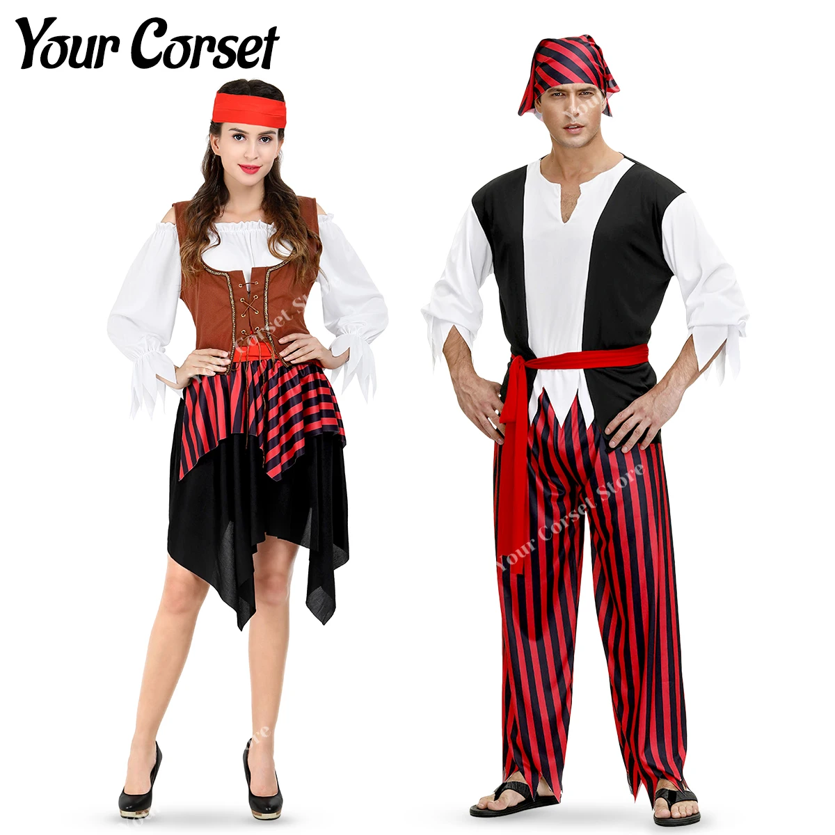 Pirate Costumes Women Men Adult Halloween Couple Male Captain Jack Sparrow Costume Pirates Of The Caribbean Cosplay Couple Red