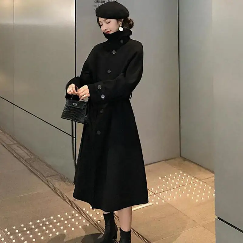 

Women Woolen Coat Standing Collar Bandage Vintage Wool Winter Coat Women Plus Size Black Long Overcoat 2019 Fashion
