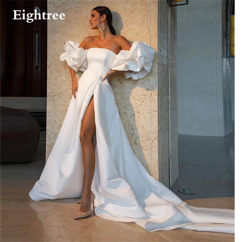 

Eightree Strapless Long Slit Puffy Sleeves Wedding Dresses Off Shoulder A-line Bohemian Country Bride Gowns Sweep Train