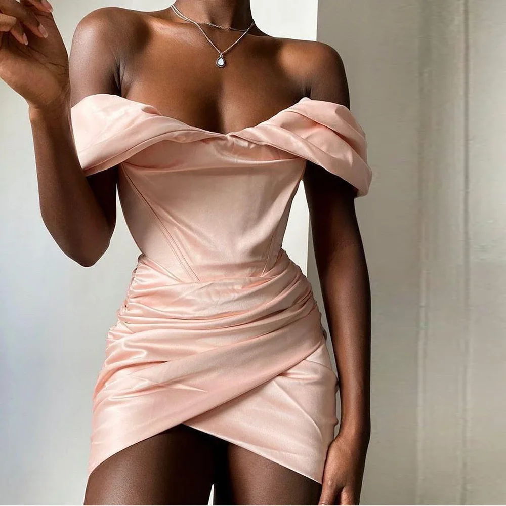 

Off the Shoulder Ruched Mini Dress Fashion Christmas Celebrity Satin Pink Birthday Club Outfits Women Sexy Party Dress LYQ1285