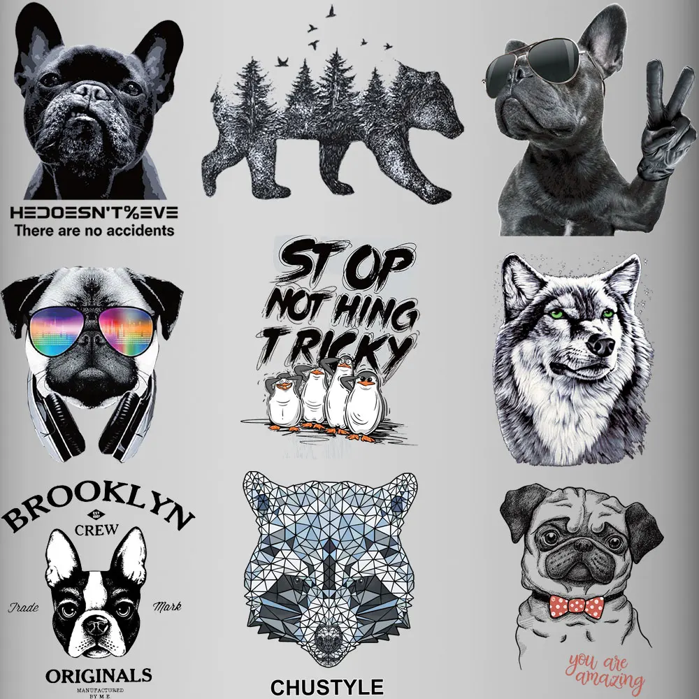 

Cool Black AnimalsThermal Stickers On Clothes Wolf Dog Bear Iron On Patches Stripes On Clothes Transfert ThermocollantsT-Shirt