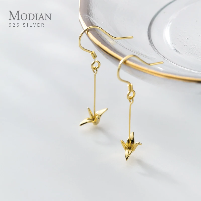

Moidan Fashion 925 Sterling Silver Cute Paper Crane Long Chain Drop Earrings for Women Girl Gold Color Earrings Fine Jewelry
