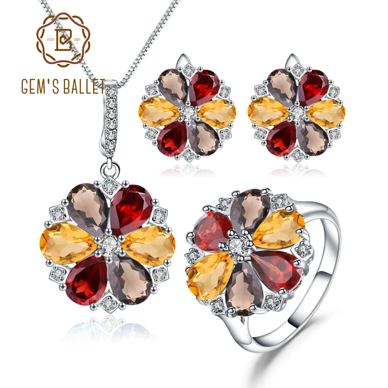 GEM'S балетное 925 пробы Серебряное кольцо серьги кулон набор натуральный гранат дымчатый кварц цитрин набор украшений для женщин Свадьба