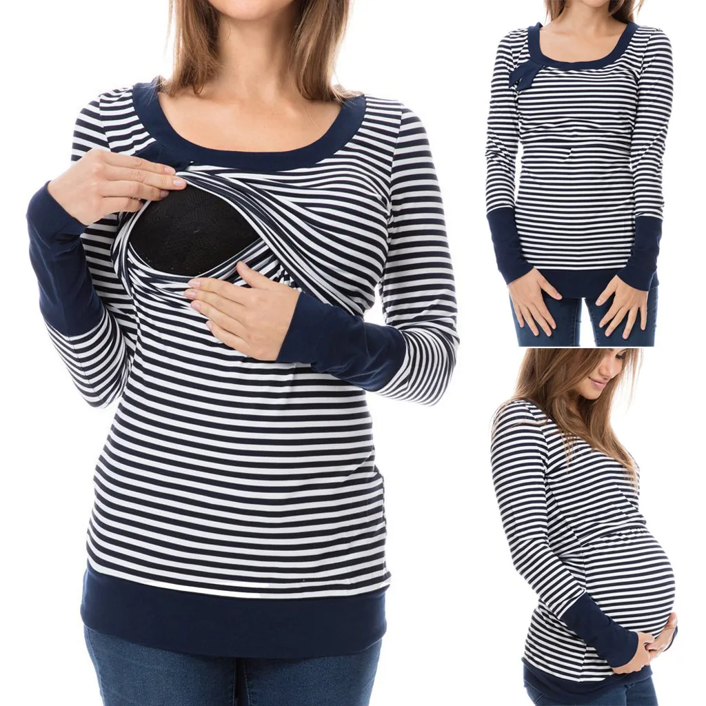 Новая модная женская блузка для кормления с круглым вырезом и полосатым принтом