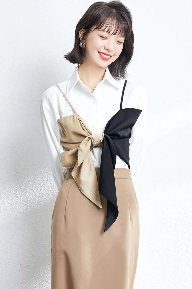 Женская блузка с отложным воротником белая офисная составного кроя длинным