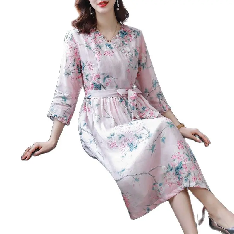 

2021 fashionElegant Vintage Pink Floarl Cotton Linen Midi Dress Spring Summer Casual M-3XL Plus Size Dress Women Party Vestidos