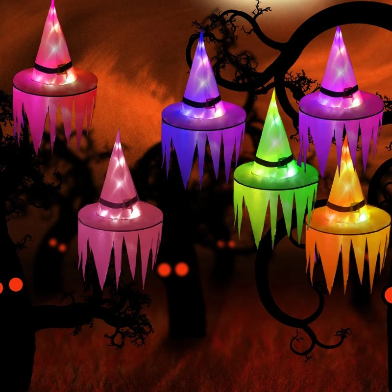 

Q0KF Halloween Sawtooth Witch Hat LED Light Luminous Hanging Pendant Cosplay Costume