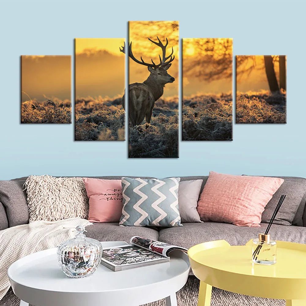 

5 Panel Poster Canvas Paintings Modular Room Decor Sunset Animal Deer Picture Wall Art Picture Prints Home Decor Painting