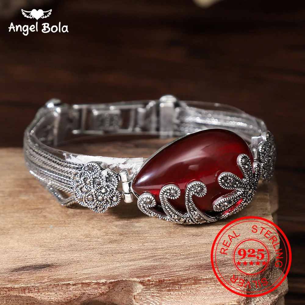 Женский винтажный браслет из серебра 925 пробы с натуральным овальным красным