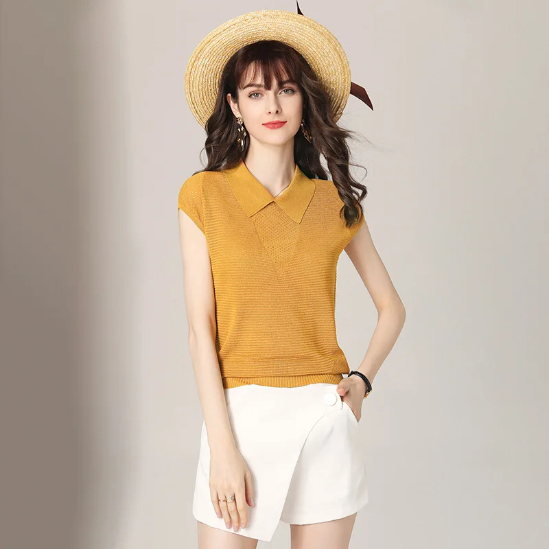 Женский желтый трикотажный топ белая рубашка комплект из 2 предметов летние