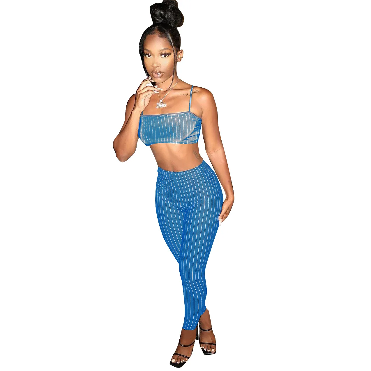 

Adogirl Summer Clother Female Stripe Print 2 Piece Set Street Spaghetti Strap Crop Top Y2K Pencil Pants Fitness Sporty Outfits