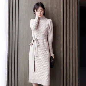 New Arrival Women Autumn & Winter Fashion Soft Slim Turtleneck Sweater Dress Ladies Long Sweater Slim Knitted Dress With Sashes