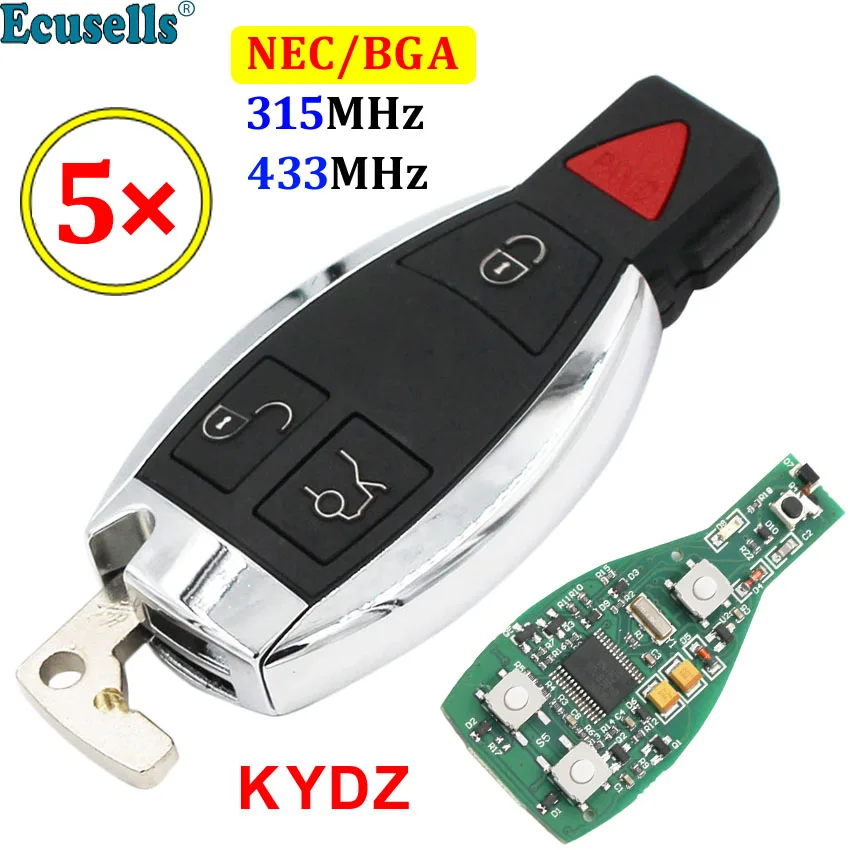 

5PCS mart keyless Remote Key 3+1/4 Buttons 315MHz 433mhz for Mercedes-Benz 2000+ support BGA/NEC with battery holder HU64