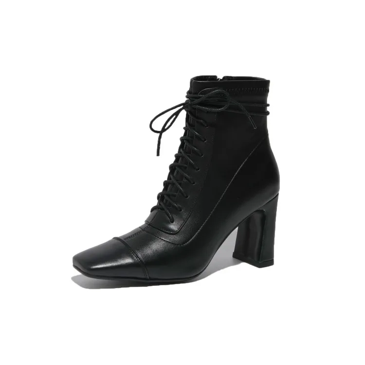 

MLJUESE 2021 women Ankle boots Cow leather Winter short plush Square Toe Zipper High heels female boots size 40