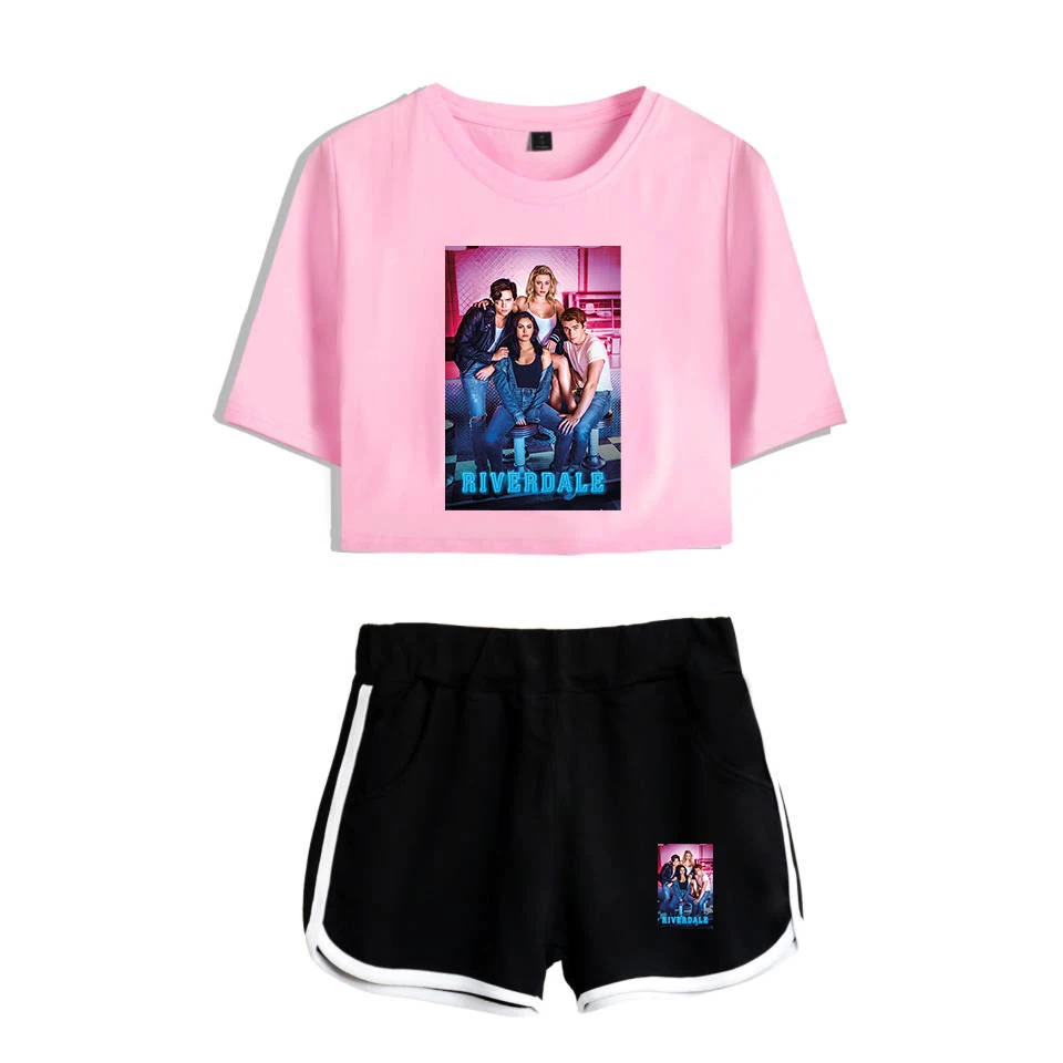 

Printed Riverdale Summer Exposed Navel black T-shirt+ shorts r women's two-piece Cotton Riverdale girl's two-piece sets