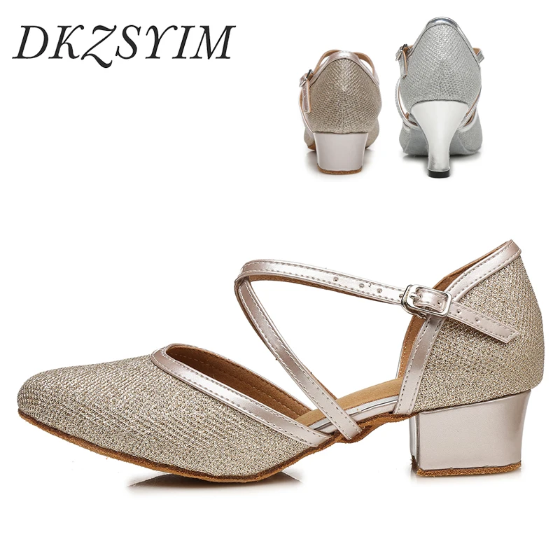 

DKZSYIM Women Tango Dance Shoes Ballroom Latin Dancing For Girls Lady Middle Heeled Closed toe Jazz Dance Shoe Free Shipping