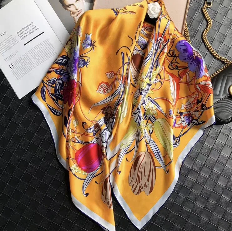 Шарфы с принтом весенних цветов, брендовые подшлемники хиджаб, дизайнерские шелковые обереги, руко-валеные большие квадратные шарфы из атласа.