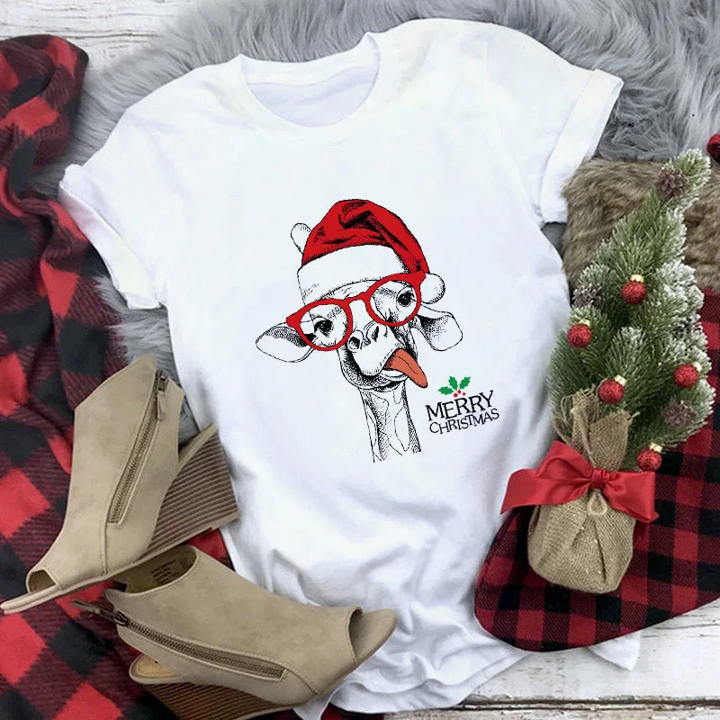 

New Cute Cartoon Giraffe Print Merry Christmas Women/Men Tshirt Female Loose Simple T-shirt Unisex Casual Short Sleeve Tops Tee