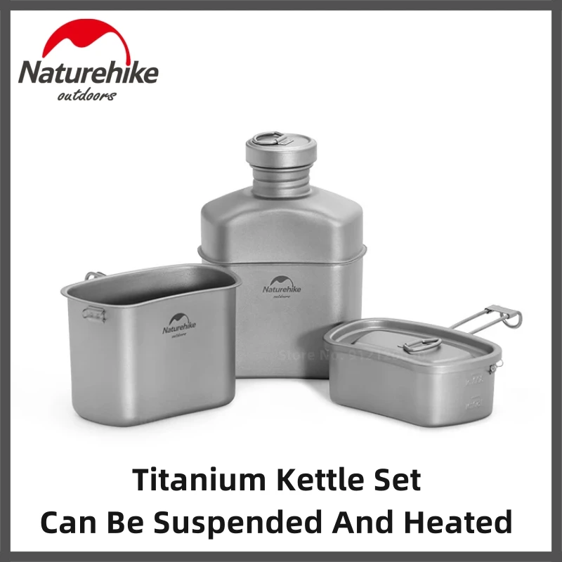 

Naturehike Outdoor Camping Titanium Kettle Set Single Soldier 3In1 Folding Lunch Box Hanging Pot Picnic Set Ultralight Portable
