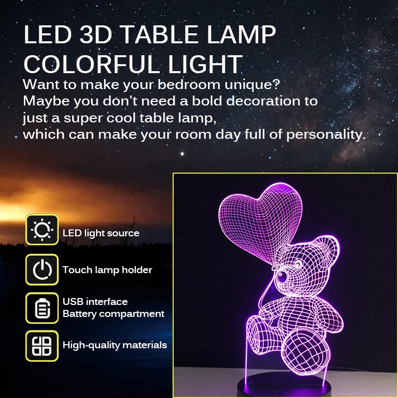 

Kid Light Night 3D LED Night Light Creative Table Bedside Lamp Romantic Heart Teddy Bear Light Kids Gril Home Decoration Gift
