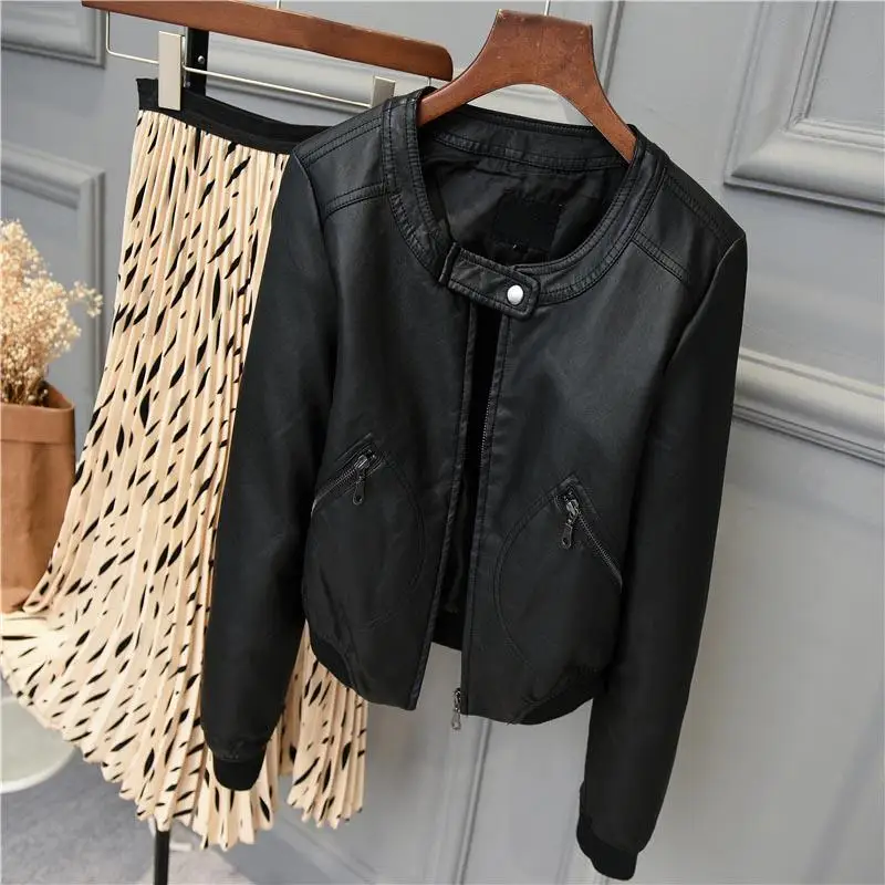 Faux Leather Jacket Women O-neck Zipper Casual Jacket Female Short Jacket Coat Plus Size S-4xl Motor Jackets enlarge