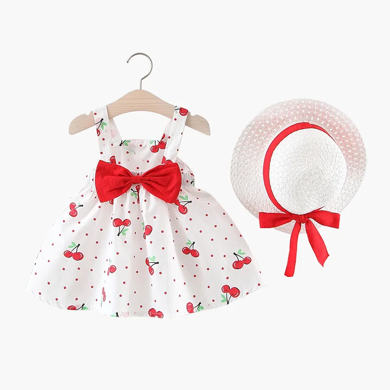 Summer Baby Girl Dress Toddler Girls Clothes 6-24 Months Sleeveless O-neck Print Floral Candy Color Bow Princess Dress With Hat